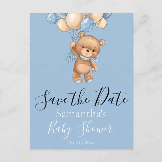 Teddy Bear Balloons Blue Save the Date Postcard (Front)