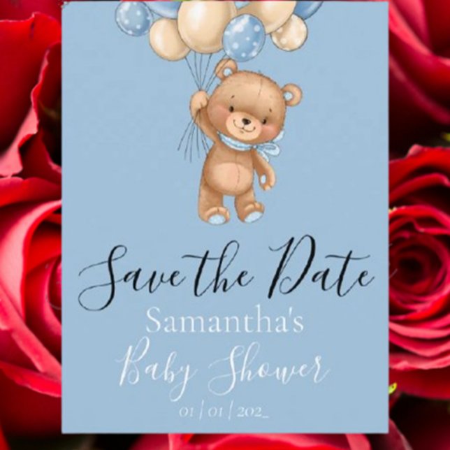Teddy Bear Balloons Blue Save the Date Postcard ( Delight guests and set a sweet tone for your special occasion.)
