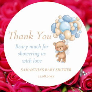 Teddy Bear Balloons Boy Baby Shower Thank You Classic Round Sticker