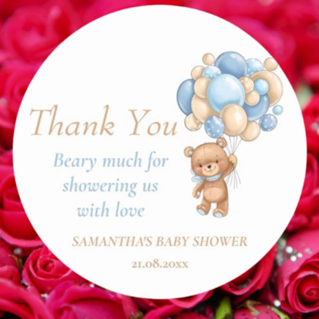 Teddy Bear Balloons Boy Baby Shower Thank You  Classic Round Sticker ( these classic round stickers add a heartfelt touch to thank you notes. Celebrate every moment!)