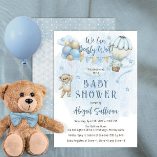 Teddy Bear Balloons Boy Bearly Wait Baby Shower Invitation