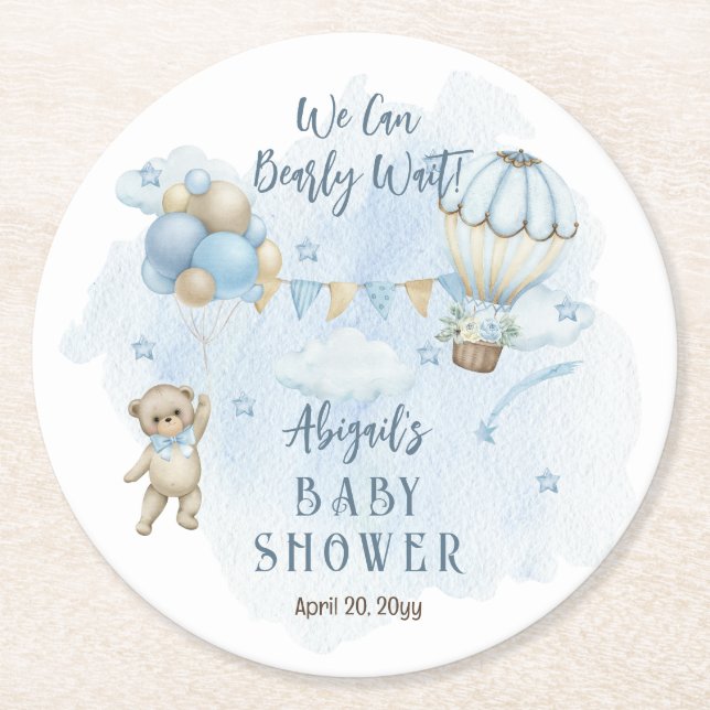 Teddy Bear Balloons Boy Bearly Wait Baby Shower  Round Paper Coaster (Front)