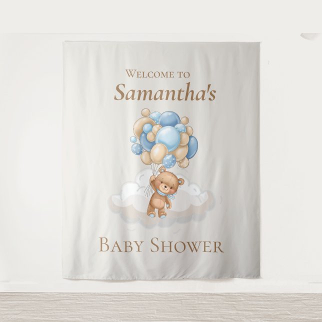Teddy Bear Balloons Brown Baby Shower backdrop Tapestry (Front)