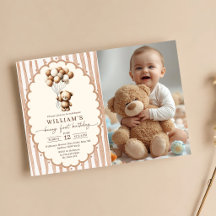 Teddy Bear Balloons Brown Stripes 1st Birthday