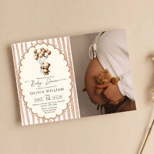 Teddy Bear Balloons Brown Stripes Baby Shower Invitation