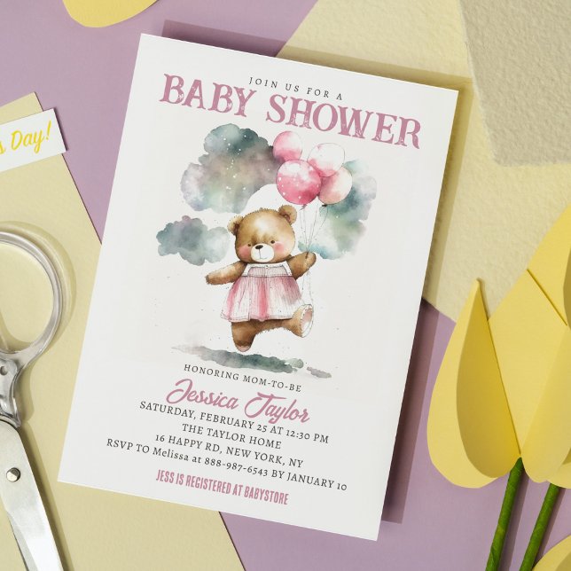 Teddy Bear Balloons Clouds Girly Baby Shower  Invitation (Creator Uploaded)