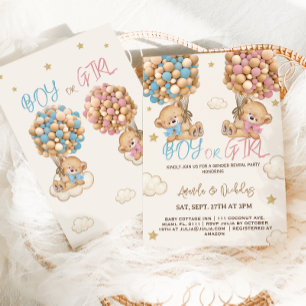 Teddy Bear Balloons Clouds & Stars Gender Reveal Invitation