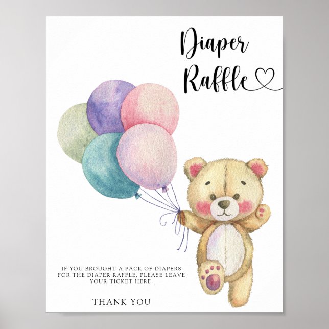 Teddy bear balloons - diaper raffle poster (Front)