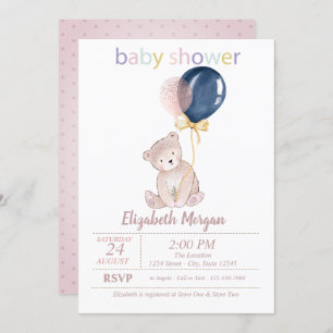 Teddy Bear Balloons Dots Baby Shower Invitation