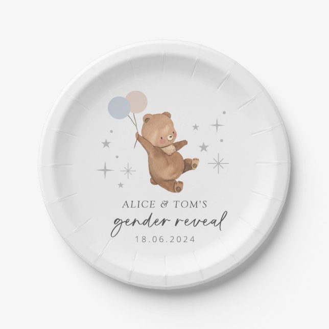 Teddy Bear Balloons Gender Reveal Paper Plate (Front)