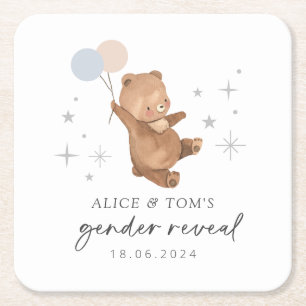 Teddy Bear Balloons Gender Reveal Square Paper Coaster