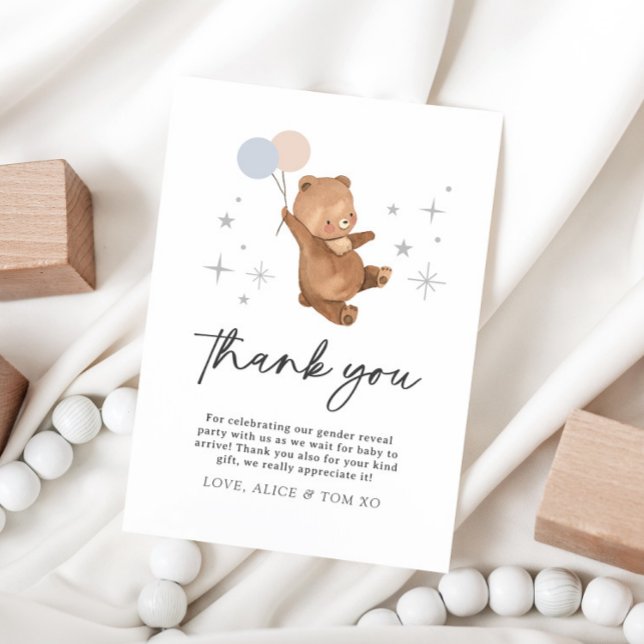 Teddy Bear Balloons Gender Reveal - Thank You Card (Creator Uploaded)