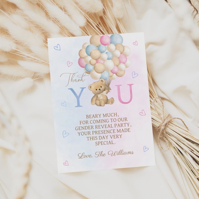Teddy Bear Balloons Gender Reveal Thank You Card (Creator Uploaded)