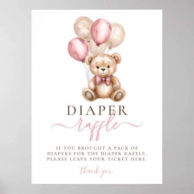 Teddy Bear Balloons Girl Baby Shower Diaper Raffle Poster (Front)