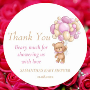 Teddy Bear Balloons Girl Baby Shower Thank You Cla Classic Round Sticker