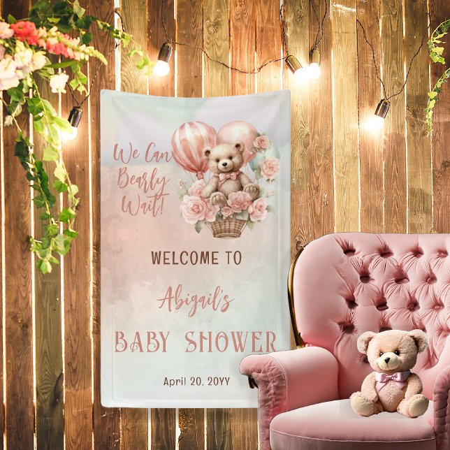 Teddy Bear Balloons Girl Bearly Wait Baby Shower Banner (Teddy Bear and Pink Hot Air Balloons with Flowers "We Can Bearly Wait" Baby Shower Banner)