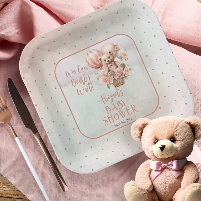 Teddy Bear Balloons Girl Bearly Wait Baby Shower Paper Plate (Teddy Bear in a Hot Air Balloon with Pink Flowers  Girl Baby Shower Square Paper Plate)