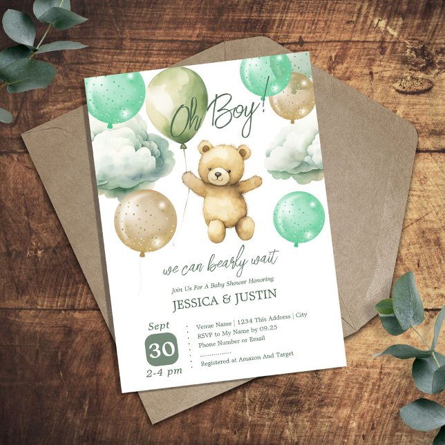 Teddy Bear Balloons Green Baby Shower Invitation (Creator Uploaded)