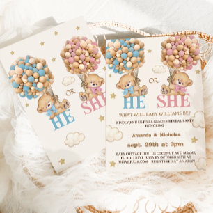 Teddy bear Balloons He or She Gender Reveal Invitation