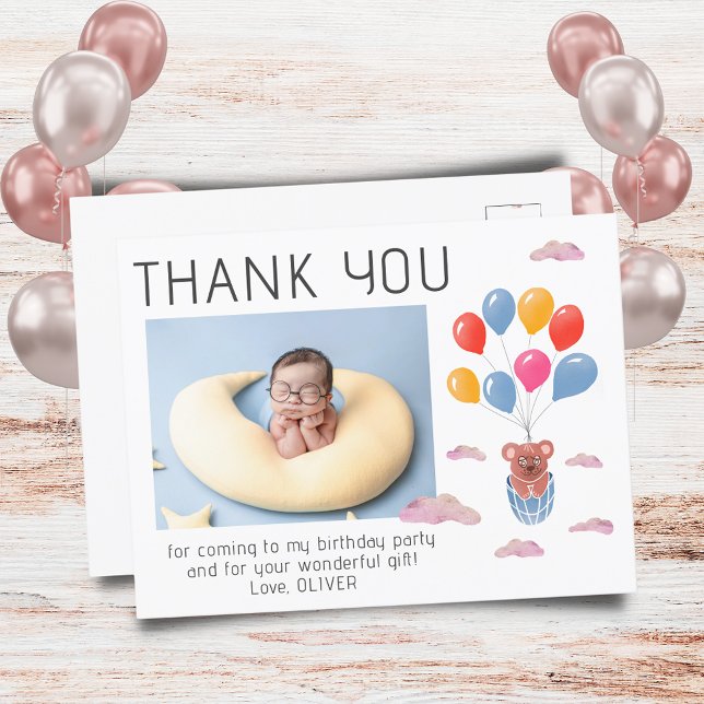 Teddy Bear Balloons Kids Photo Birthday Thank You Postcard (Creator Uploaded)