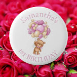 Teddy Bear  Balloons Pink 1st Birthday  6 Cm Round Badge<br><div class="desc">Teddy Bear  Balloons Blue 1st Birthday 
A sweet baby pink teddy personalised for a little girl,    Teddy Baby Shower Button,   Teddy Bear Balloon Backdrop,  Blue Teddy Bear Backdrop Banner,  Teddy Bear Air Balloons


Click the "Customise it!" button to change the text size,  text colour,  font style and more!</div>