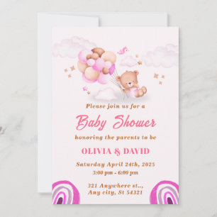 Teddy Bear,Balloons pink And Brown Baby Shower  Invitation