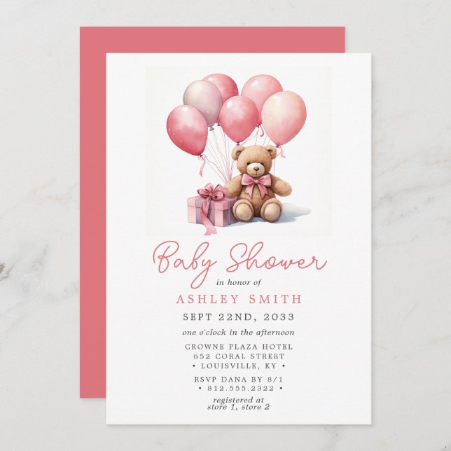 Teddy Bear Balloons Pink Girl Baby Shower Invitation (Front/Back)
