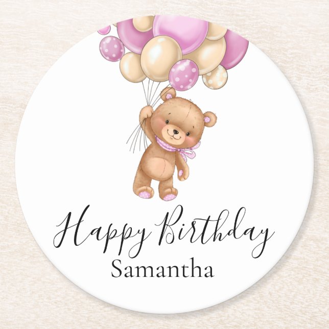 Teddy Bear Balloons Pink Girl Happy Birthday Round Paper Coaster (Front)