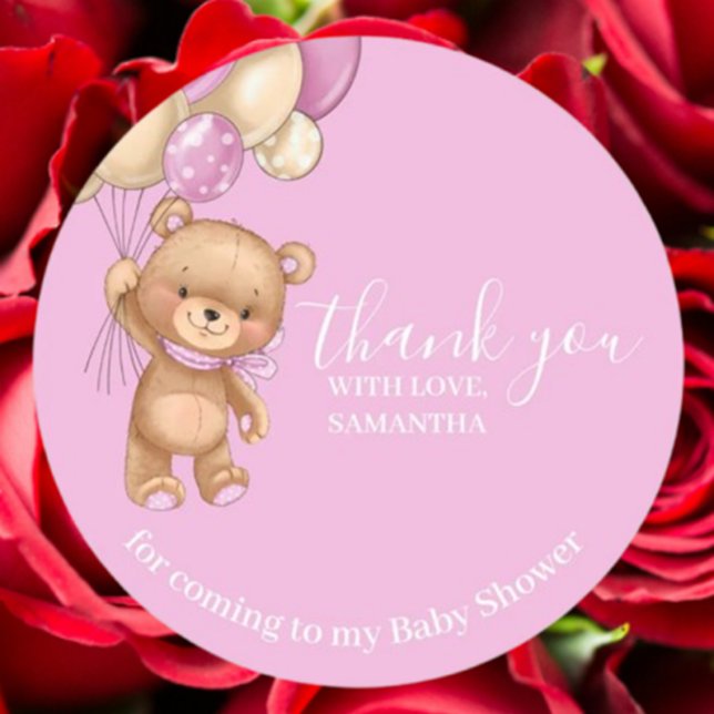 Teddy Bear Balloons PInk Thank You  Classic Round Sticker (Express gratitude with our Teddy Bear Balloons Pink Thank You sticker)