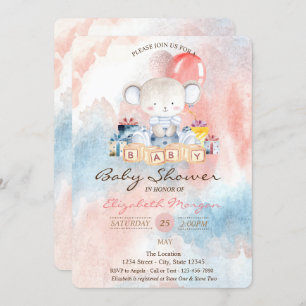 Teddy Bear Balloons Present Watercolor Baby Shower Invitation