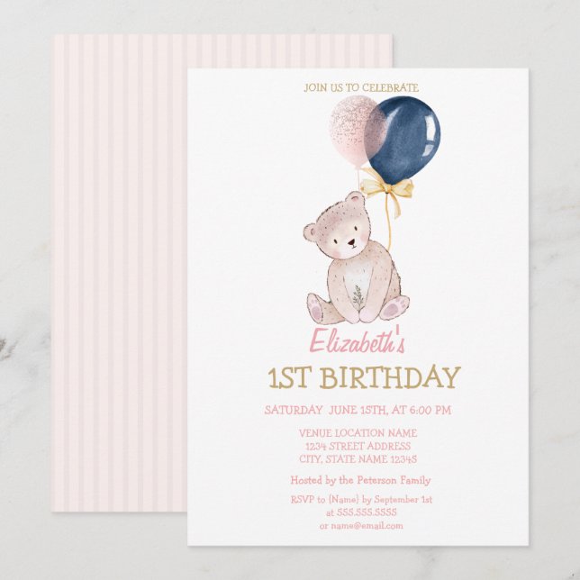Teddy Bear Balloons Striped Birthday Invitation (Front/Back)