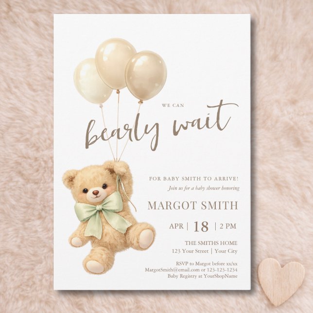 Teddy Bear Balloons We Can Bearly Wait Baby Shower Invitation (Creator Uploaded)