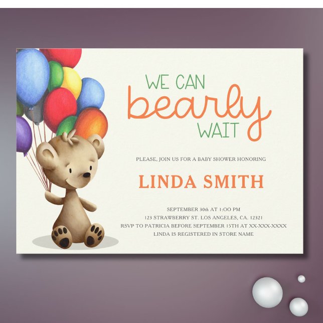 Teddy Bear Balloons We Can Bearly Wait Baby Shower Invitation (Creator Uploaded)