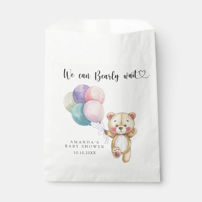 Teddy bear balloons - we can bearly wait favour bag (Front)