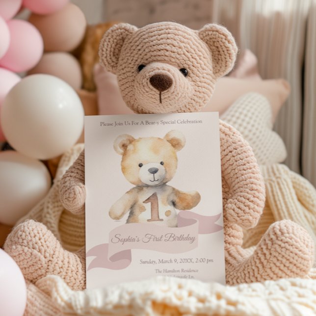 Teddy Bear Banner Girls First Birthday Invitation (Creator Uploaded)