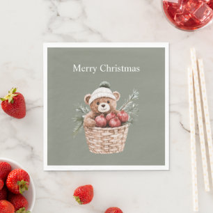 Teddy Bear Basket Pomegranates Christmas Napkin