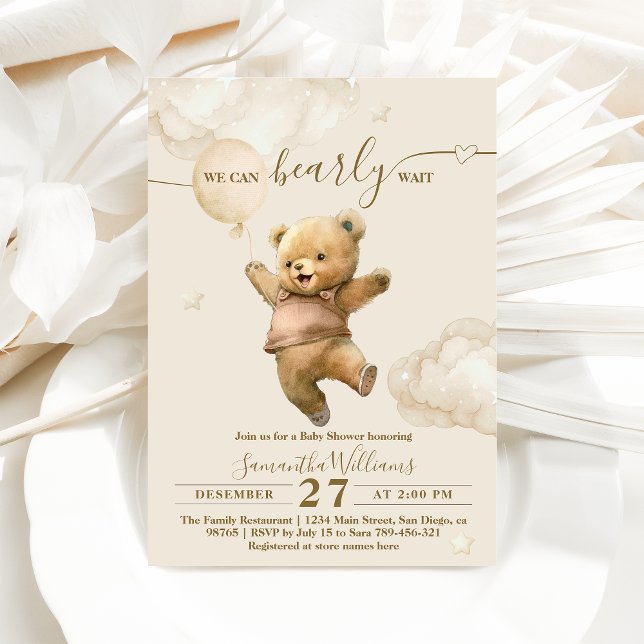 Teddy Bear Bearly Wait Air Balloon Baby Shower Invitation (Creator Uploaded)