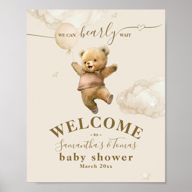Teddy Bear Bearly Wait Air Balloon Baby Shower  Poster (Front)
