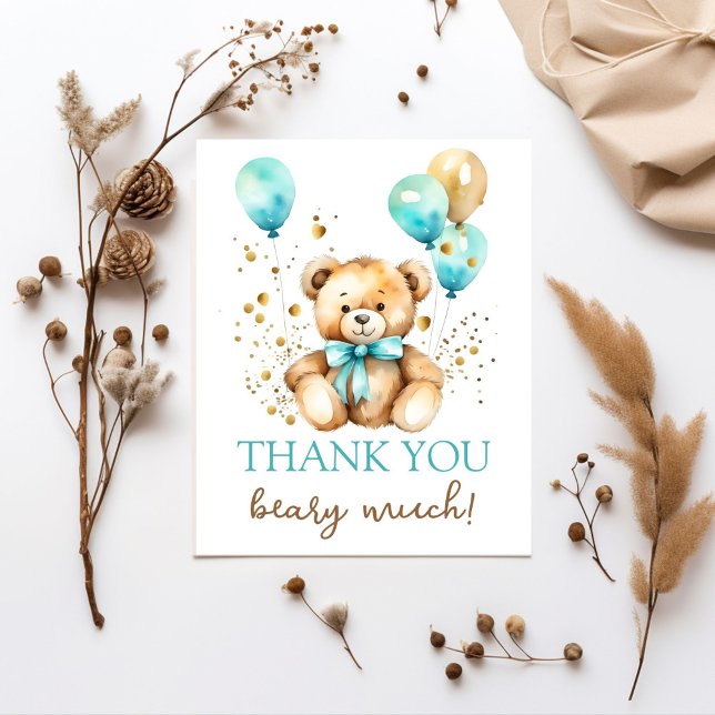 Teddy bear bearly wait baby shower thank you (Teddy bear bearly wait baby shower thank you card ute teddy bear aqua blue ancd gold  balloons)
