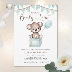 Teddy Bear Bearly Wait Blue Balloon Baby Shower In Invitation