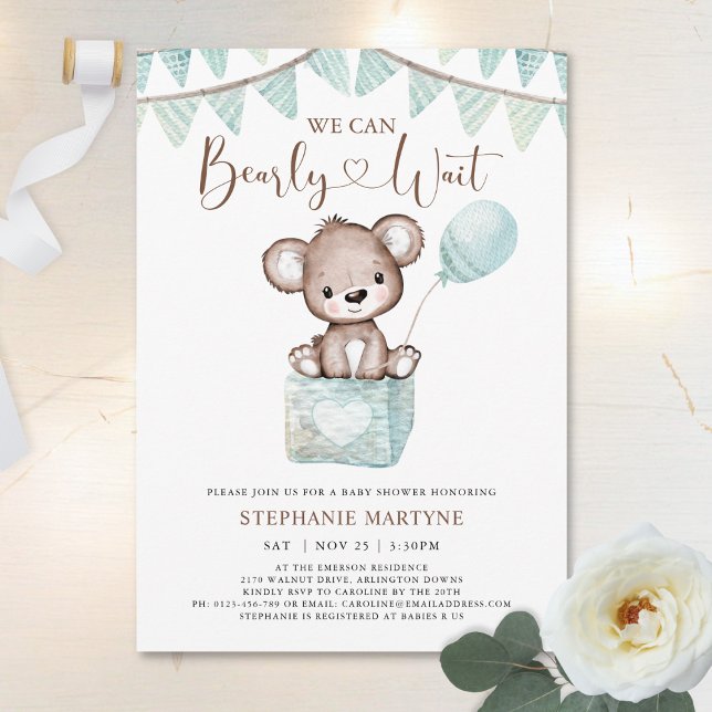 Teddy Bear Bearly Wait Blue Balloon Baby Shower In Invitation (Creator Uploaded)