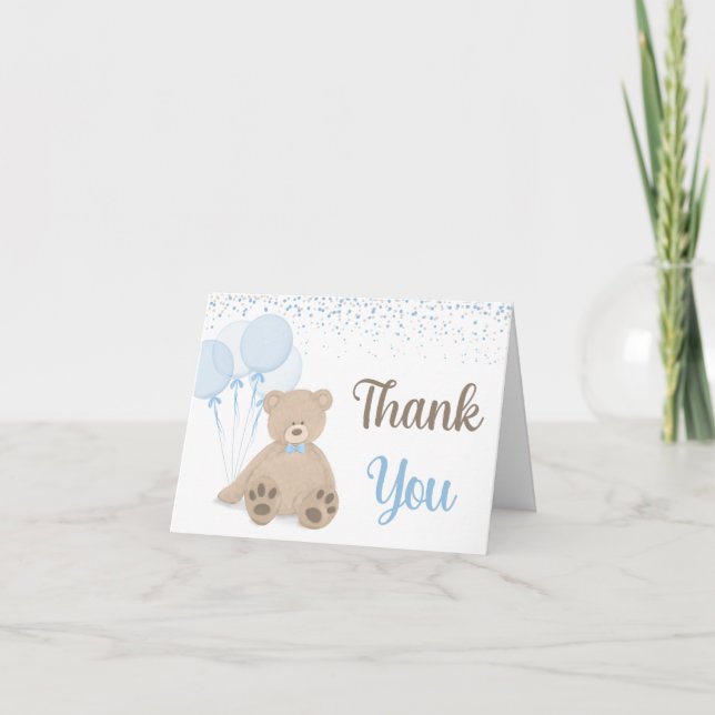Teddy Bear Bearly Wait Confetti Boy Baby Shower Thank You Card (Front)