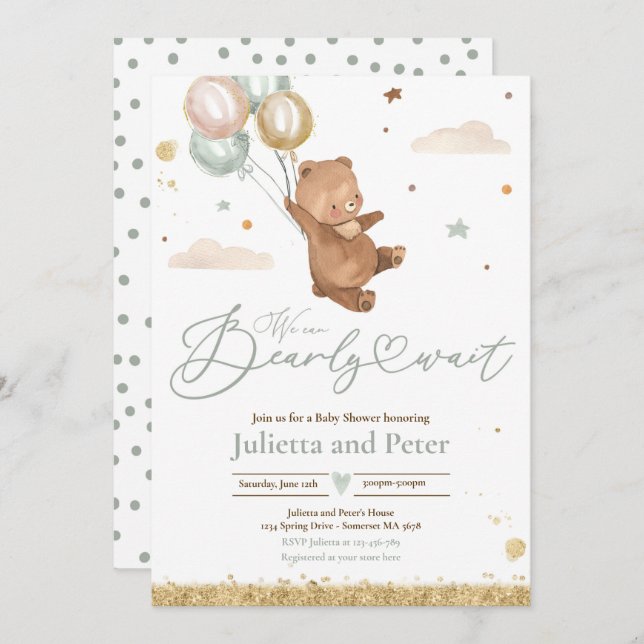 Teddy Bear Bearly Wait Gender Neutral Baby Shower Invitation (Front/Back)