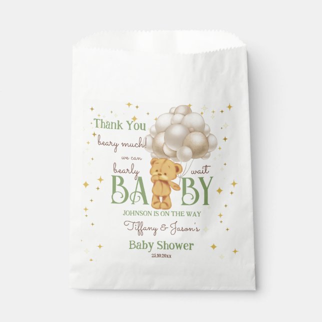 Teddy bear bearly wait green brown baby shower favour bag (Front)