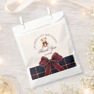 Teddy Bear Beary 1st Birthday Bow Plaid Thank you Favour Bag