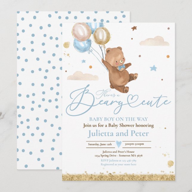 Teddy Bear Beary Cute Baby Boy Blue Baby Shower Invitation (Front/Back)