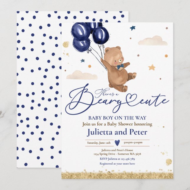 Teddy Bear Beary Cute Baby Boy Navy Baby Shower Invitation (Front/Back)