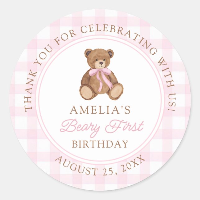 Teddy Bear Beary First 1st Birthday Party Classic Round Sticker (Front)