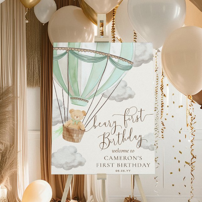 Teddy Bear Beary Mint First Birthday Welcome Sign (Creator Uploaded)