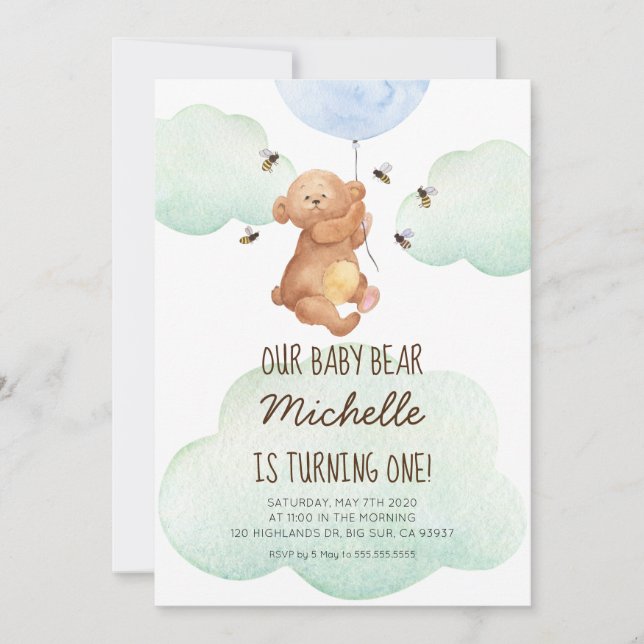 Teddy Bear Bees Baby Bear 1st Birthday Invitation (Front)